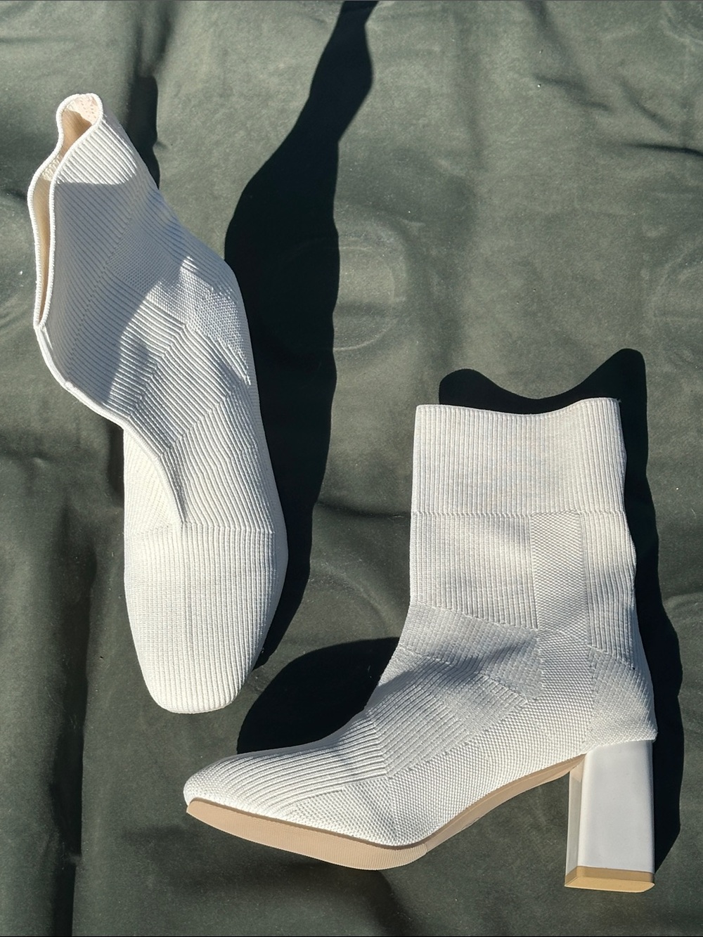 Women’s Cream Knit Sock Booties with Block Heel